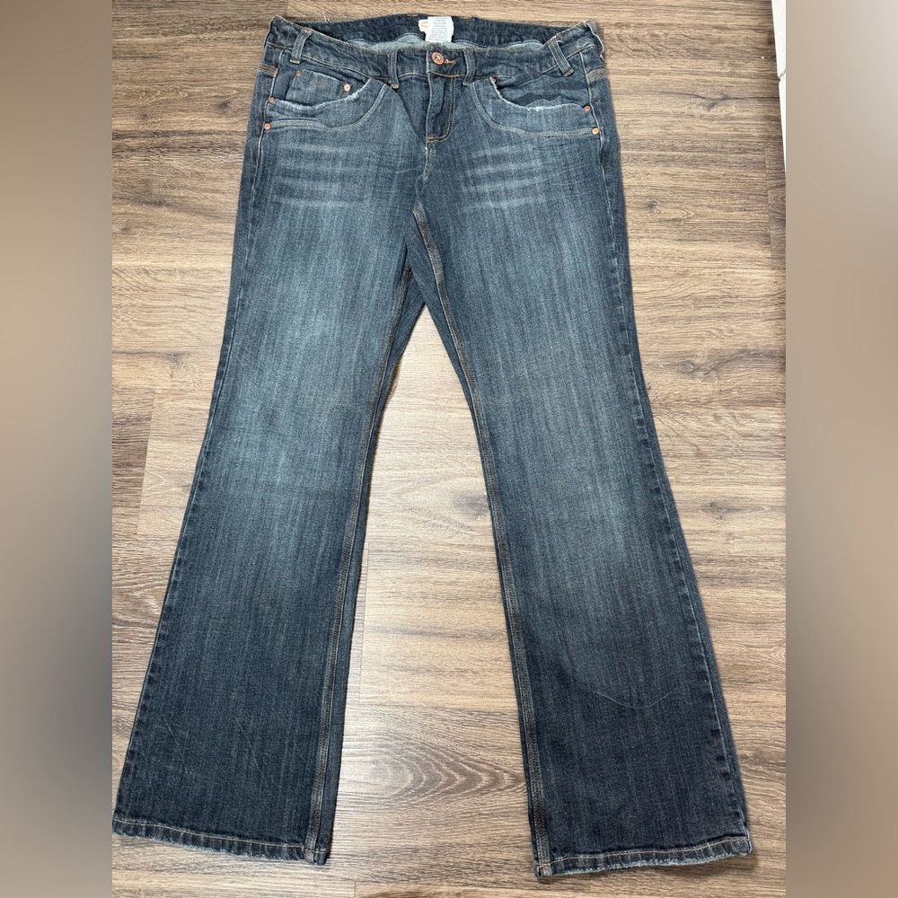 Y2K Bootcut Jeans Size 14 Low Rise Stretch Dark Wash Color Zip Denim